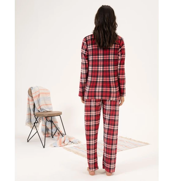 Estiva Kareli Önden Düğmeli Kadife Bayan Pijama Takım - 3