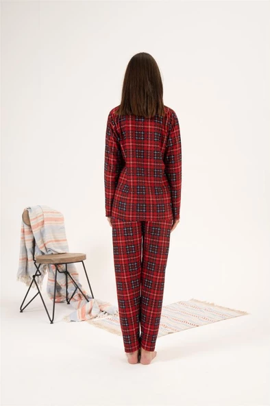 Estiva Kareli Desen Önden Düğmeli Süet Bayan Pijama Takım - Resim 8