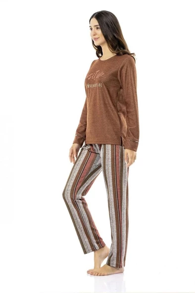 Poleren Sıfır Yaka Altı Çizgili Kışlık Bayan Pijama Takım - 8