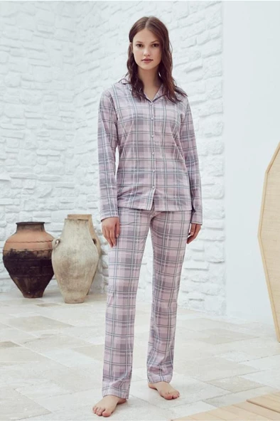 Eros Ekose Desen Boydan Düğmeli Bayan Pijama Takım - 3