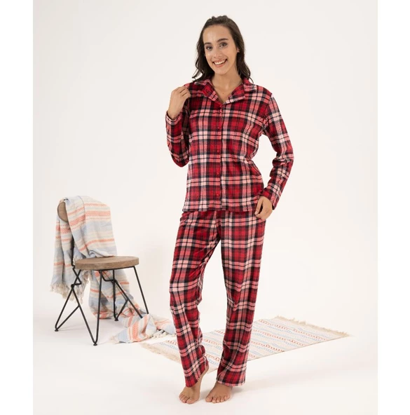 Estiva Kareli Önden Düğmeli Kadife Bayan Pijama Takım - 2