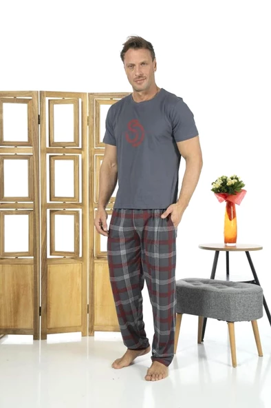 Estiva Patlı Pamuklu Kısa Kol Ekose Kareli Erkek Pijama Takım - 11