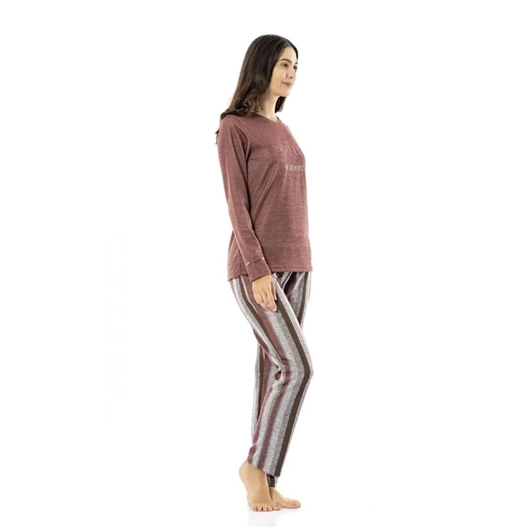 Poleren Sıfır Yaka Altı Çizgili Kışlık Bayan Pijama Takım - 2