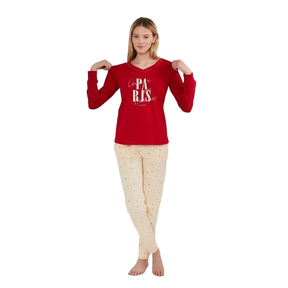 Pierre Cardin V Yaka Uzun Kol %100 Pamuk Bayan Pijama Takım - Resim 2