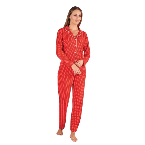 Estiva Puantiye Desen Boydan Düğmeli Süet Bayan Pijama Takım