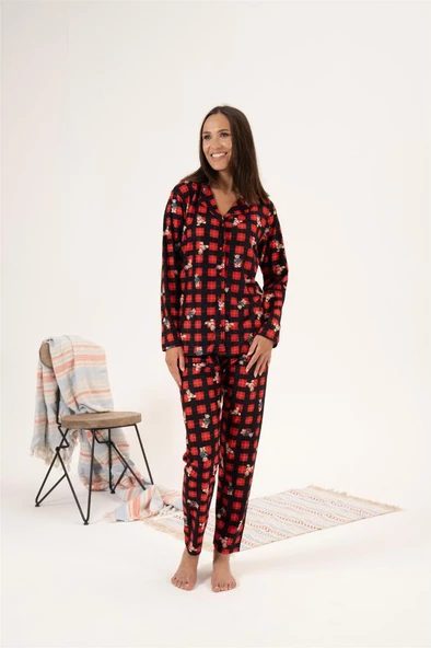 Estiva Kareli Desen Önden Düğmeli Süet Bayan Pijama Takım - 5