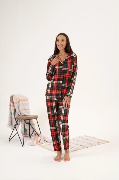 Estiva Kareli Desen Önden Düğmeli Süet Bayan Pijama Takım - 5