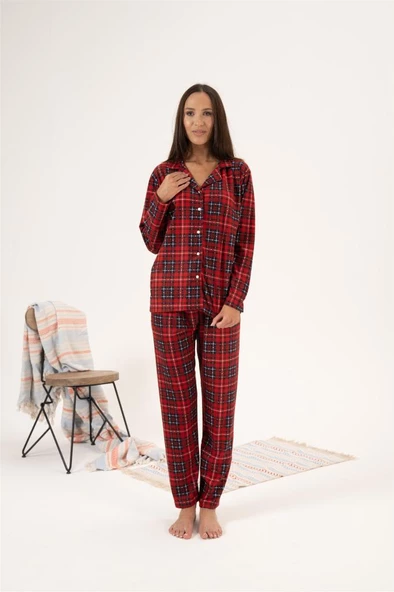 Estiva Kareli Desen Önden Düğmeli Süet Bayan Pijama Takım - Resim 7