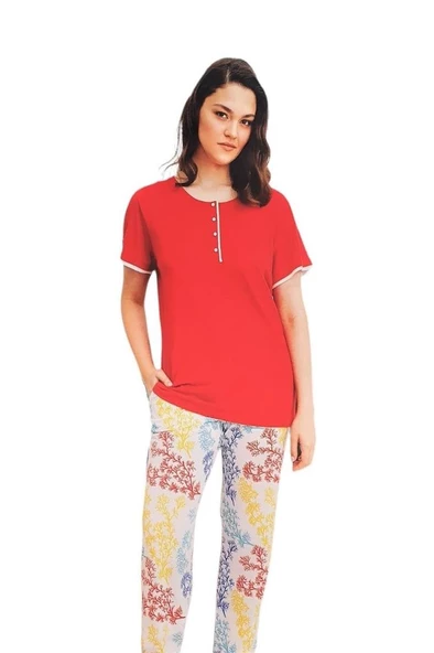 Bludream Düğmeli Viskon Büyük Beden Bayan Pijama Takım - Resim 4