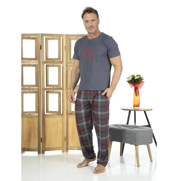 Estiva Patlı Pamuklu Kısa Kol Ekose Kareli Erkek Pijama Takım - 5
