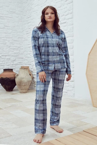 Eros Ekose Desen Boydan Düğmeli Bayan Pijama Takım - 4