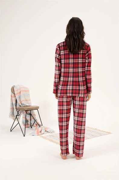 Estiva Kareli Önden Düğmeli Kadife Bayan Pijama Takım - 6