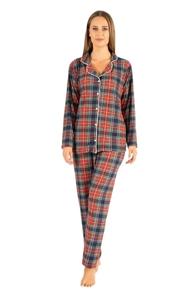 Estiva Ekose Kareli Boydan Düğmeli Süet Bayan Pijama Takım - 4