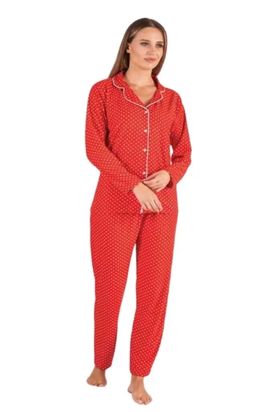 Estiva Puantiye Desen Boydan Düğmeli Süet Bayan Pijama Takım - 2