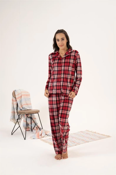 Estiva Kareli Önden Düğmeli Kadife Bayan Pijama Takım - 4