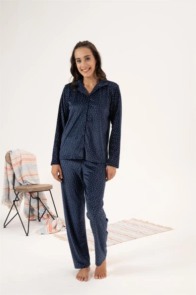 Estiva Puantiyeli Önden Düğmeli Kadife Bayan Pijama Takım - 5