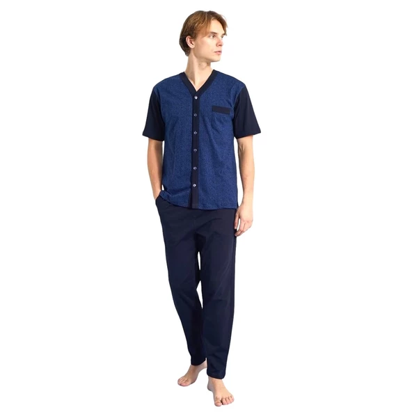 Kly Jakarlı Kısa Kol Önden Düğmeli Gömlek Erkek Pijama Takım - 5