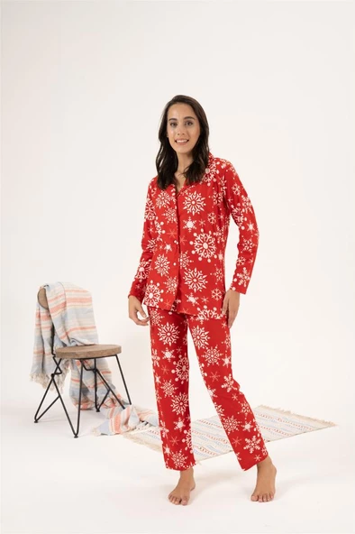 Estiva Kartanesi Desen Önden Düğmeli Süet Bayan Pijama Takım - 7