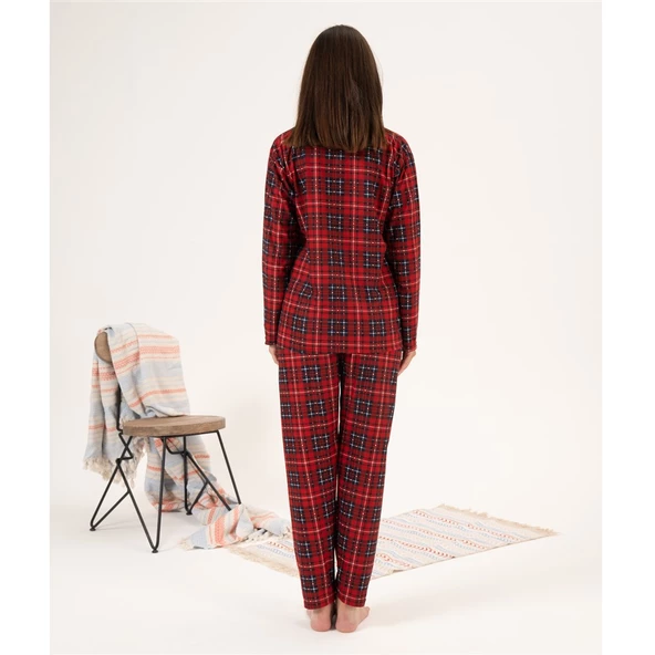 Estiva Kareli Desen Önden Düğmeli Süet Bayan Pijama Takım - Resim 4