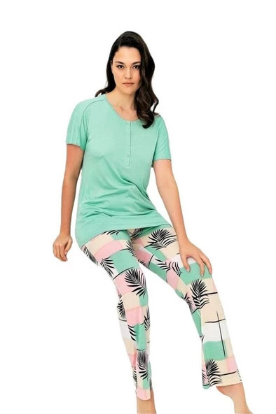 Bludream Düğmeli Viskon Büyük Beden Bayan Pijama Takım - 4
