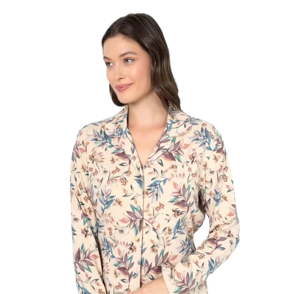 Ciciten Pamuk Melanj Desenli Boydan Düğmeli Bayan Pijama Takım - Resim 3