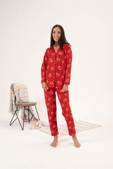 Estiva Desenli Önden Düğmeli Süet Bayan Pijama Takım - 4
