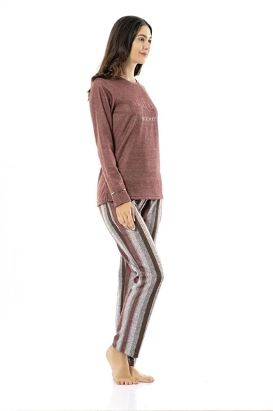 Poleren Sıfır Yaka Altı Çizgili Kışlık Bayan Pijama Takım - 6
