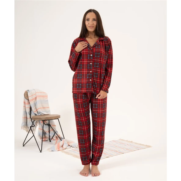 Estiva Kareli Desen Önden Düğmeli Süet Bayan Pijama Takım - Resim 3