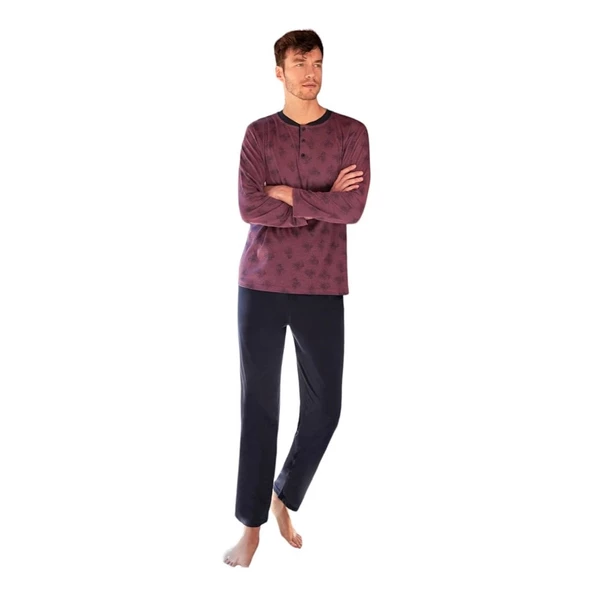 Berrak Patlı Sıfır Yaka Jakarlı Uzun Kol Erkek Pijama Takım