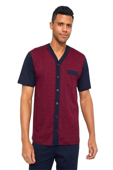 Kly Jakarlı Kısa Kol Önden Düğmeli Gömlek Erkek Pijama Takım - 9