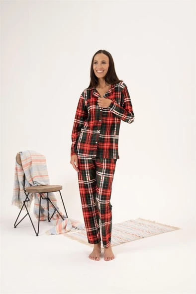 Estiva Kareli Desen Önden Düğmeli Süet Bayan Pijama Takım - 7