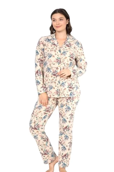 Ciciten Pamuk Melanj Desenli Boydan Düğmeli Bayan Pijama Takım - Resim 4