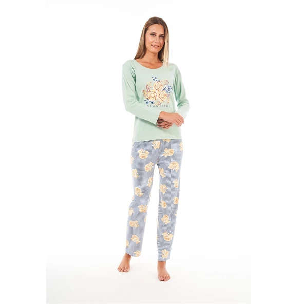 Estiva Patlı Yaka Desenli Uzun Kol Bayan Pijama Takım