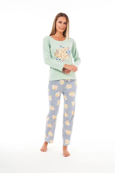 Estiva Patlı Yaka Desenli Uzun Kol Bayan Pijama Takım - 5