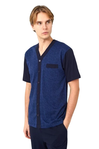 Kly Jakarlı Kısa Kol Önden Düğmeli Gömlek Erkek Pijama Takım - 12