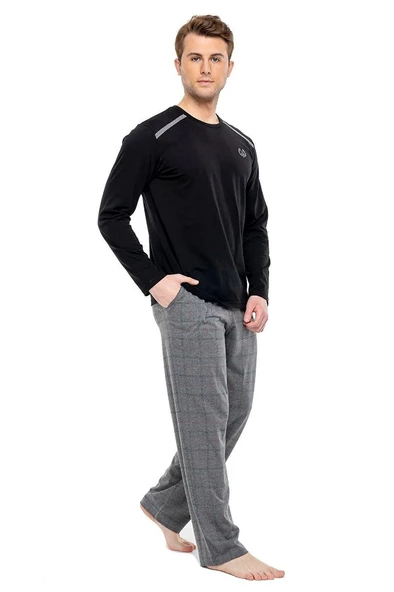 Mod Collection Pamuklu Sıfır Yaka Kareli Erkek Pijama Takım - 11