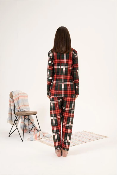 Estiva Kareli Desen Önden Düğmeli Süet Bayan Pijama Takım - 8