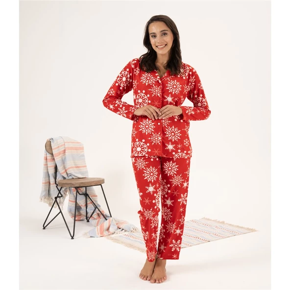 Estiva Kartanesi Desen Önden Düğmeli Süet Bayan Pijama Takım - 2