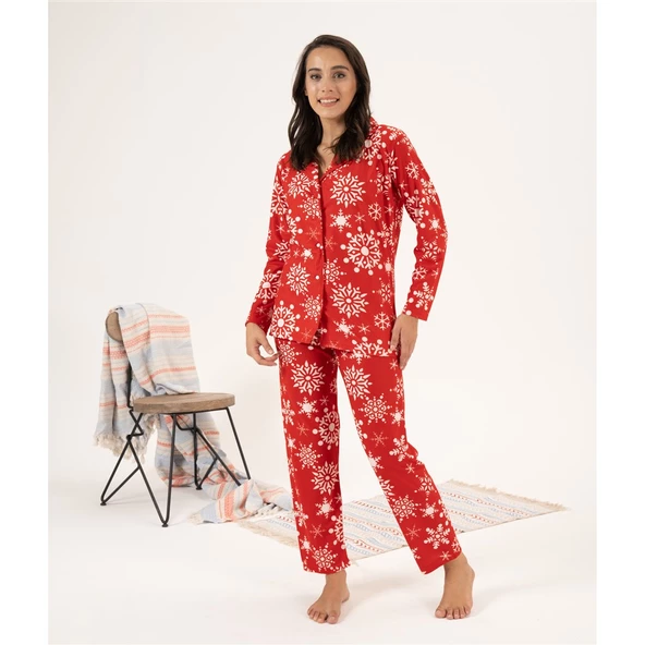 Estiva Kartanesi Desen Önden Düğmeli Süet Bayan Pijama Takım - 3