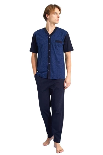Kly Jakarlı Kısa Kol Önden Düğmeli Gömlek Erkek Pijama Takım - 11