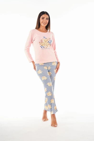 Estiva Patlı Yaka Desenli Uzun Kol Bayan Pijama Takım - 7