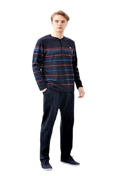 Poleren Patlı Yaka Çizgili Desen Pamuklu Erkek Pijama Takım - 5