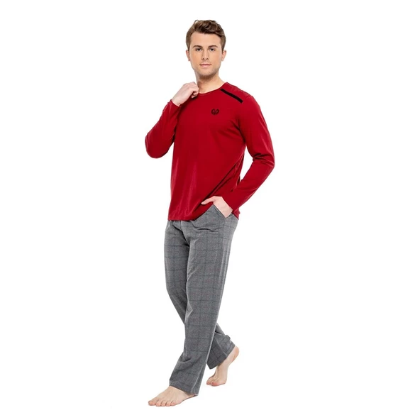 Mod Collection Pamuklu Sıfır Yaka Kareli Erkek Pijama Takım - 2