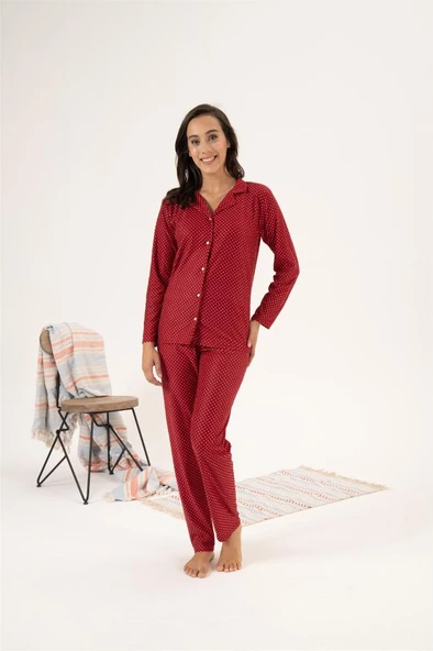 Estiva Puantiye Desen Önden Düğmeli Süet Bayan Pijama Takım - 5