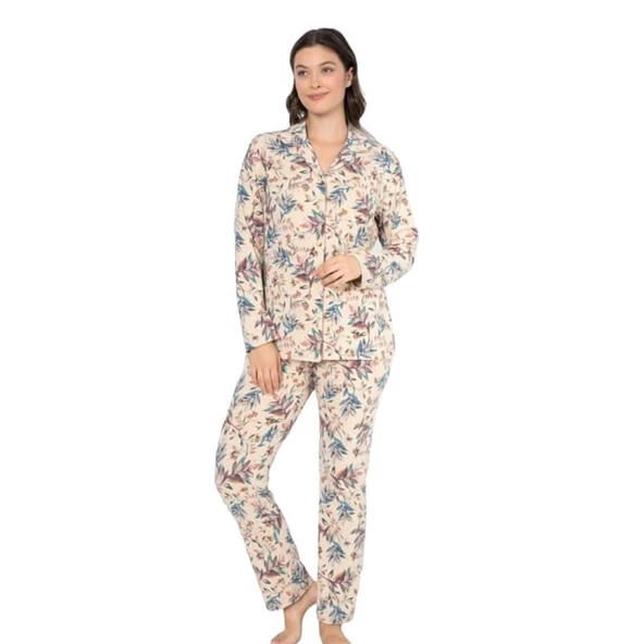 Ciciten Pamuk Melanj Desenli Boydan Düğmeli Bayan Pijama Takım