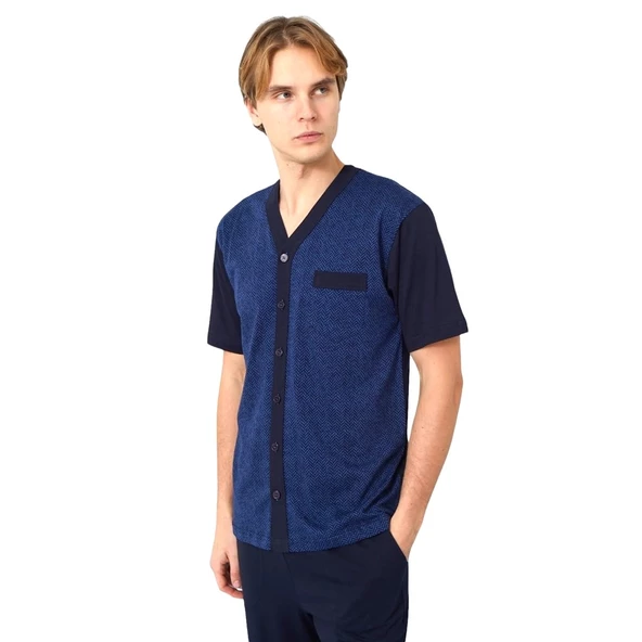 Kly Jakarlı Kısa Kol Önden Düğmeli Gömlek Erkek Pijama Takım - 6