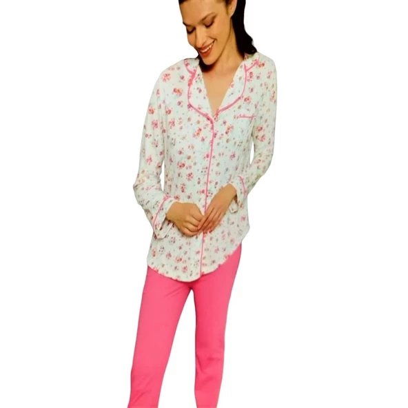 Limissi 23610 Pamuk Çiçek Desen Önden Düğmeli Bayan Pijama Takım - 2