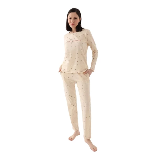 Pierre Cardin Sıfır Yaka Uzun Kol %100 Pamuk Bayan Pijama Takım