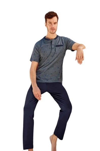 Berrak Patlı Sıfır Yaka Jakarlı Kısa Kol Erkek Pijama Takım - 3