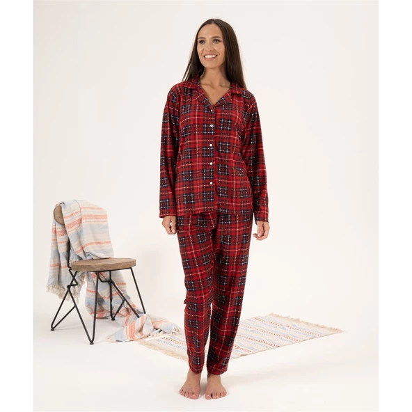 Estiva Kareli Desen Önden Düğmeli Süet Bayan Pijama Takım ürün görseli